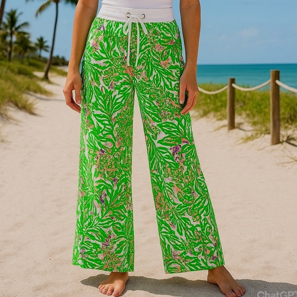 Lilly Pulitzer The Beach Pant XS Linen Drawstring Waist Green‎ Pink Floral *READ
